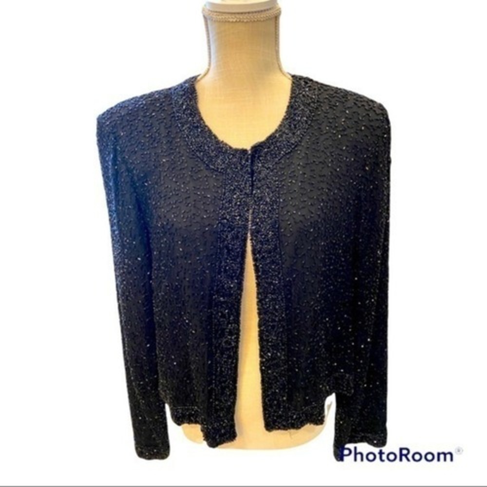 Laurence Kazar Black Beaded Silk Jacket Evening Formal Glamour XXL